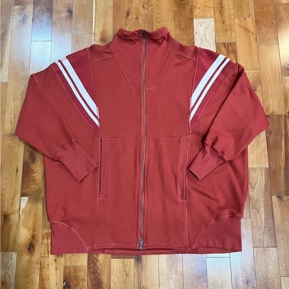 Free People Red Zip-Up Sweatshirt with White Stripes